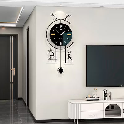 Modern Black Wall Clock with Deer Pendulum