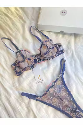 Navy Blue Embroidered Underwire Bralette Set