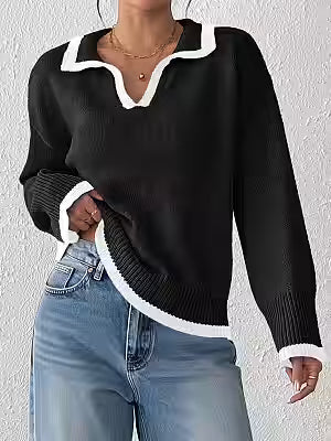 Notch-collar Color-block Patchwork Pullover Sweater - image 2