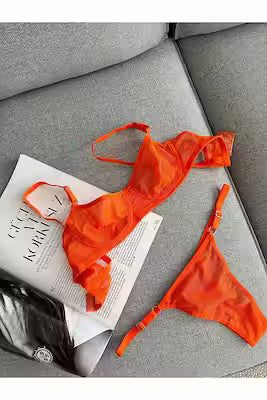 Orange underwire bra set with matching thong