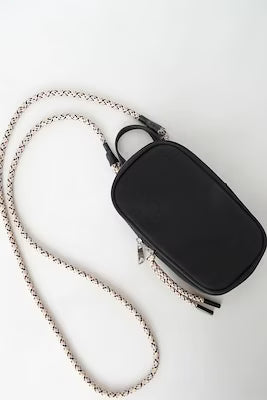 Black phone bag with zippered closure and detachable strap
