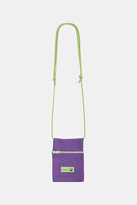 Purple adjustable drawstring phone bag with zipper closure