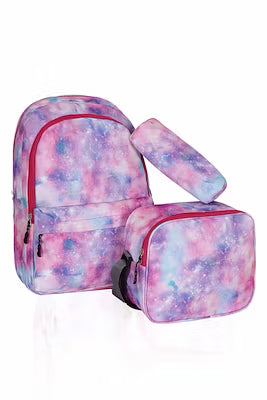 Triple kids school bag set with lunch box and pencil holder in batik pattern