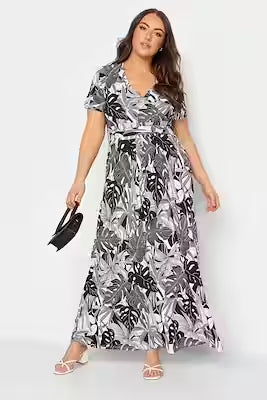 Plus size patterned long sleeve jersey dress with V-neck