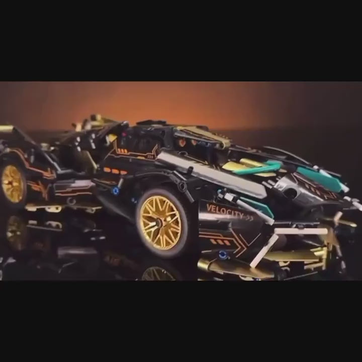 Charger la vidéo : Box Limited Edition Super Sports Car Model Kit - Stylish Black And Golden, Mechanical Assembly, High-Quality ABS Plastic, Stackable Vehicle Set, Suitable for Ages 14 And Up, Building Block Set, Model Building Kit, Car Toy for Boy, Auto