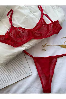 Red underwire bra set with matching thong