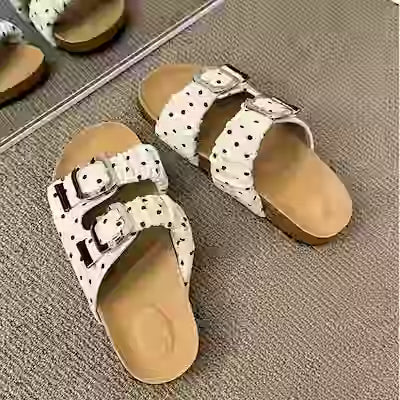 Retro Polka Dot Cork Slides, Adjustable Strap & Soft Insole