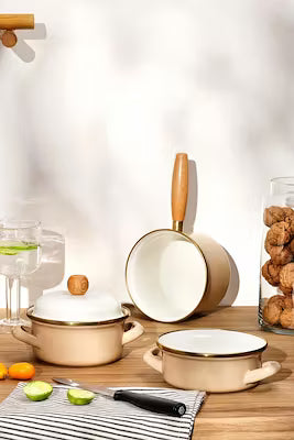 4-piece beige enamel cookware set with glass lid