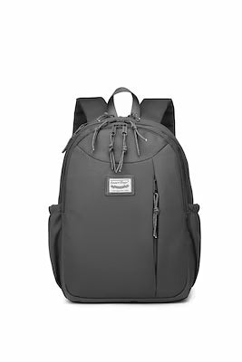 Large dark gray school backpack with laptop compartment and reflective zipper threads