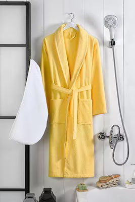 100% cotton bathrobe with built-in hair drying cap, standard size