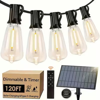 100ft solar powered string lights with dimmable LED bulbs