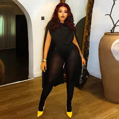 Women's Solid Patchwork Long Sleeve Mesh Jumpsuit