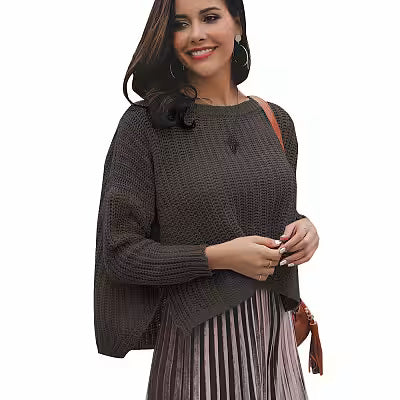 Solid-color Crew-neck Pullover Knit Sweater - image 3