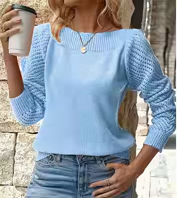 Solid-color Hollow-out Long-sleeve Off-shoulder Pullover Top - image 8
