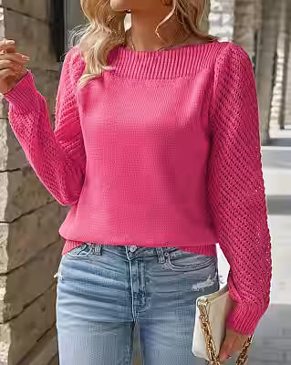 Solid-color Hollow-out Long-sleeve Off-shoulder Pullover Top