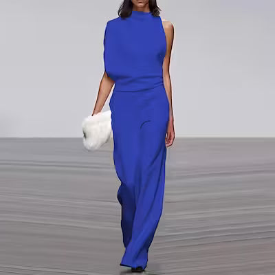 Solid Color One-Shoulder Pile Collar Jumpsuit - image 5