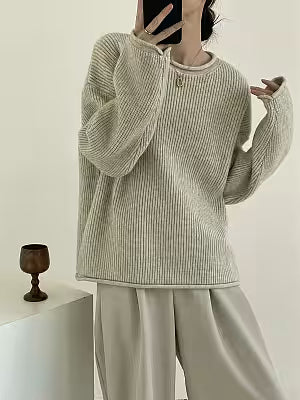 Solid-color Ribbed Irregular Knit Pullover Sweater