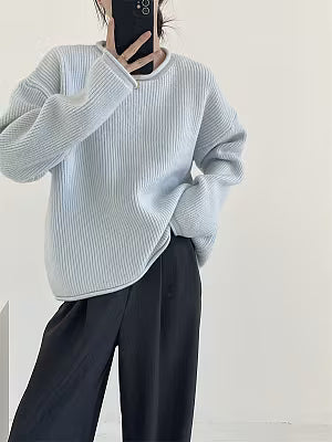 Solid-color Ribbed Irregular Knit Pullover Sweater