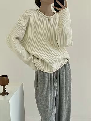 Solid-color Ribbed Irregular Knit Pullover Sweater