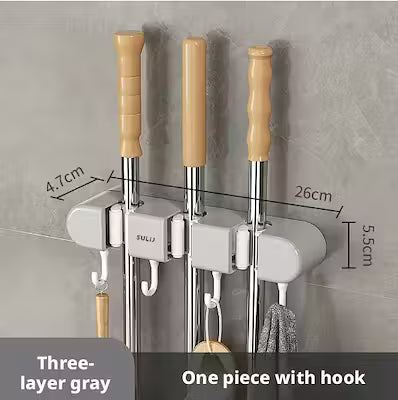 Space-Saving Mop Organizer with 7 Hooks - Gray