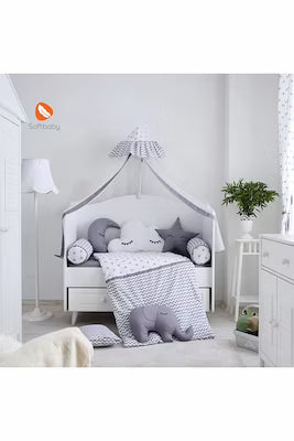 Gray crib sleeping set with zigzag pattern and fiber fill