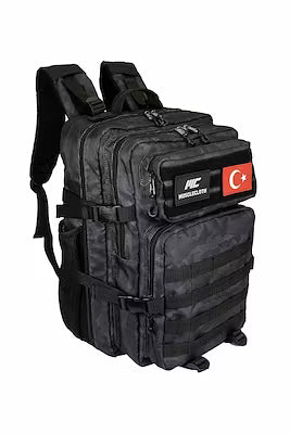 Black camouflage tactical backpack with customizable patches