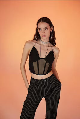 Black tie tulle blouse with adjustable fit