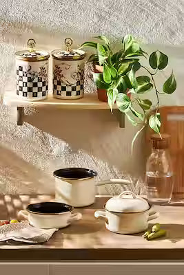 3-piece enamel cookware set with saucepan and sauce holder