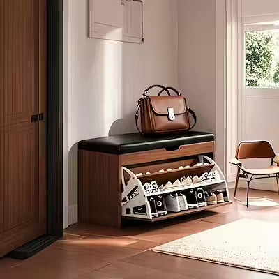 Freestanding shoe bench with storage drawer and seating cushion