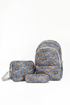 Truck patterned triple school bag set with lunch box and pen holder