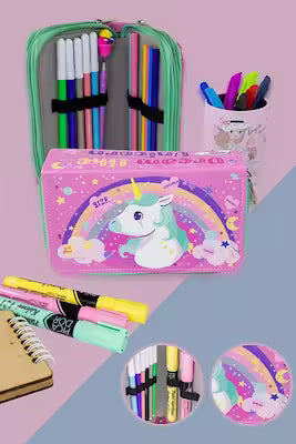 Unicorn Printed Three-Compartment Pencil Case with Fiber Exterior