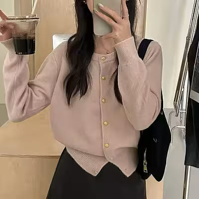 Versatile Solid-colored Cardigan Sweater Coat with Small Gold Buttons - image 2