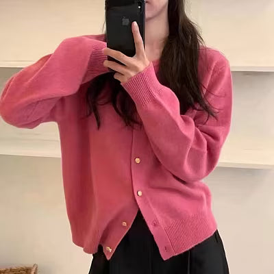 Versatile Solid-colored Cardigan Sweater Coat with Small Gold Buttons - image 3
