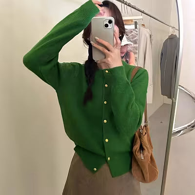 Versatile Solid-colored Cardigan Sweater Coat with Small Gold Buttons - image 6
