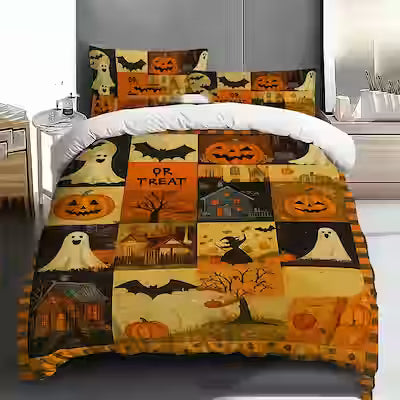 Pumpkin ghost digital print bedding set – mixed fiber quilt cover with pillowcases, 150×200 or 200×230