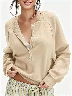 Womens Button-front Half-placket Sweater Top