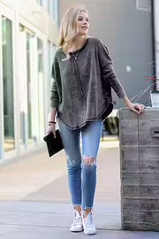 Women's Casual Washed Waffle Long-Sleeve Pullover Top