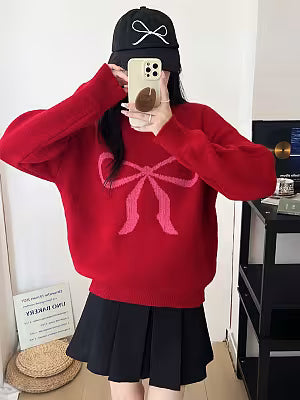 Women's Crew-neck Knitted Pullover with Bowknot Pattern