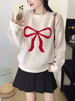 Women's Crew-neck Knitted Pullover with Bowknot Pattern