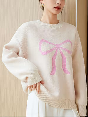 Women's Crew-neck Knitted Pullover with Bowknot Pattern