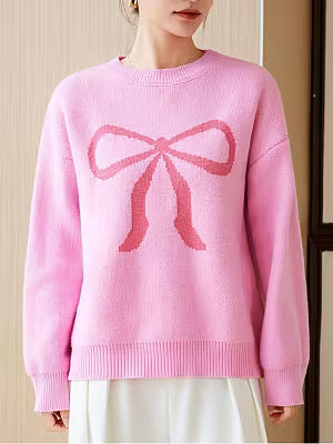 Women's Crew-neck Knitted Pullover with Bowknot Pattern