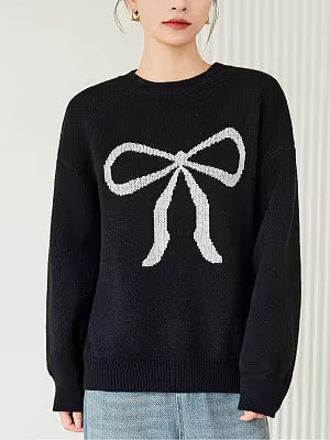 Women's Crew-neck Knitted Pullover with Bowknot Pattern