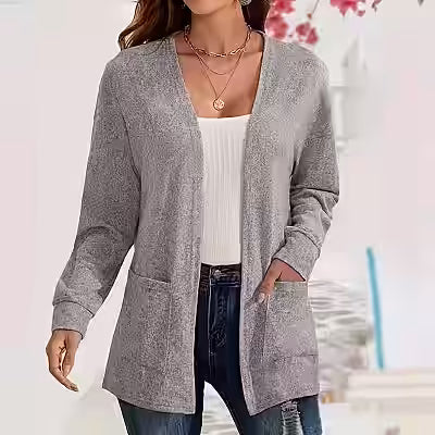 Womens Versatile Solid-color Pocketed Loose-fitting Lightweight Cardigan