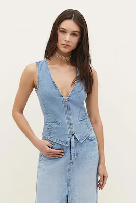 Women's Short Denim Vest with Front Zipper
