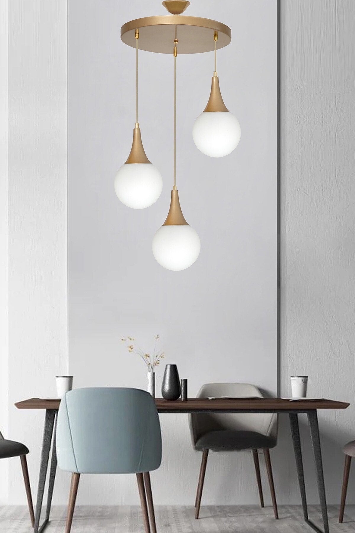 Damla 3-Piece Antique Round White Glass Pendant Lamp Chandelier