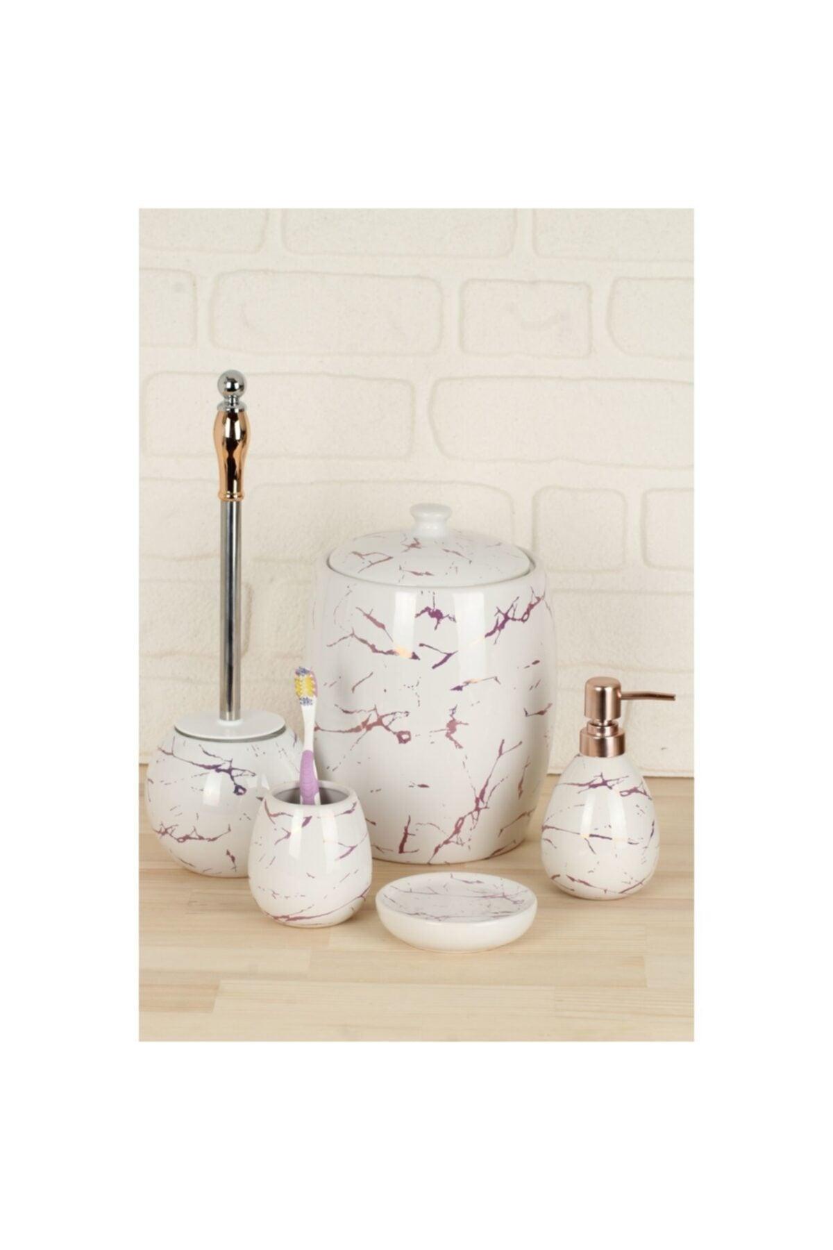 Purple 5-Piece Bath Set with Dustbin (Lilac Marble Pattern on White) - Swordslife
