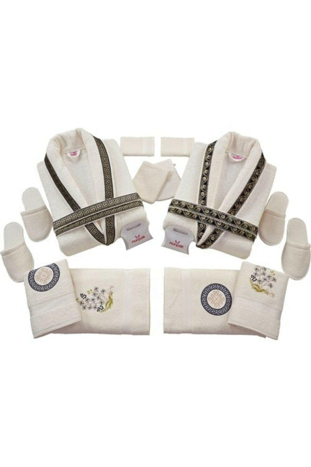 Bathrobe Set 100% Cotton Cream-burgundy (16 Pieces)code-512 - Swordslife