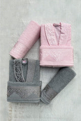 Cotton Jacquard Family Bathrobe Set - Pink - Gray - Swordslife