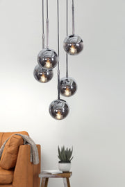 Nova 5-Piece Chrome-Black Metal Body Smoked Glass Design Luxury Pendant Lamp Chandelier