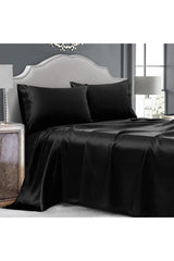 100% Silk Satin 4 Pieces Double Duvet Cover Set 200x220 Cm Elastic Bed Sheet Black Color - Swordslife